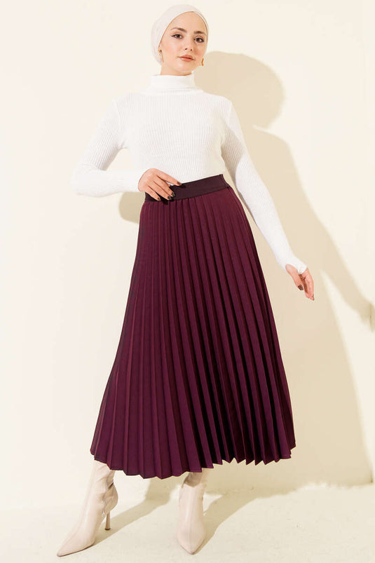 Beli Lastikli Pileli Etek Mor