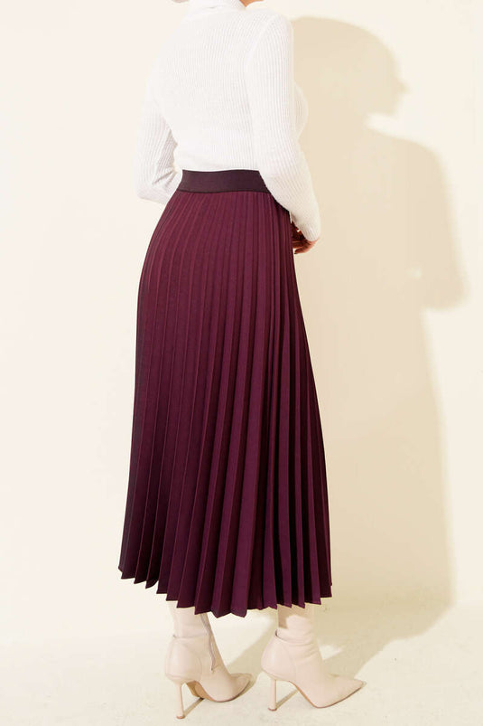 Beli Lastikli Pileli Etek Mor