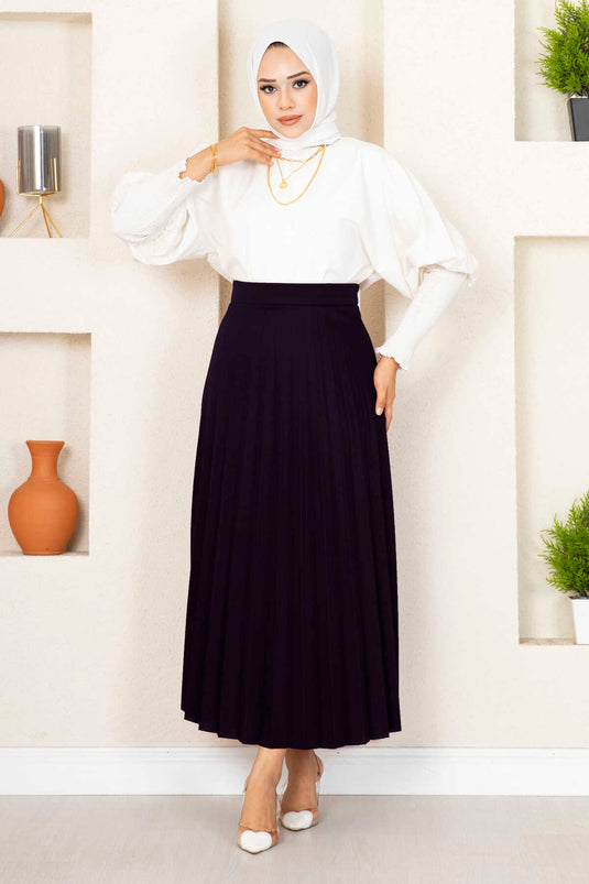 Jupe Hijab Plissée Taille Élastique Violet Aubergine Foncé