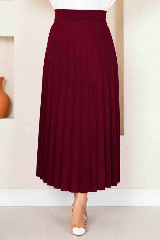 Beli Lastikli Piliseli Tesettür Etek Bordo