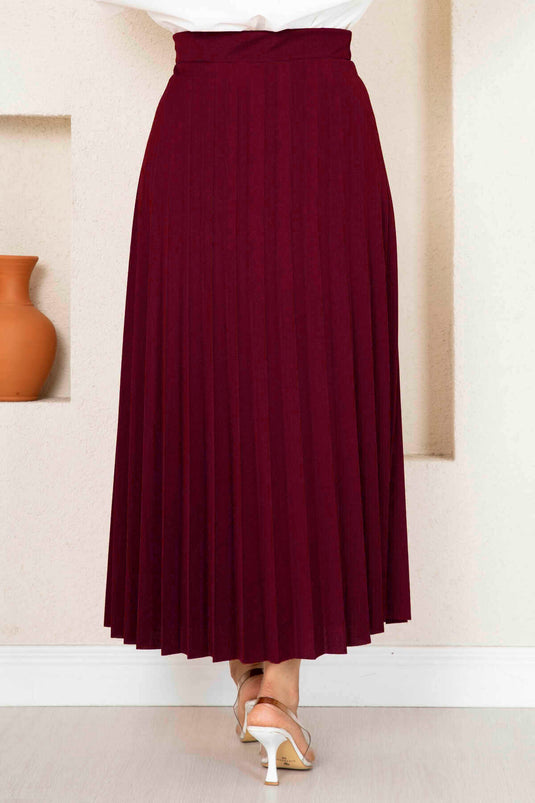 Beli Lastikli Piliseli Tesettür Etek Bordo