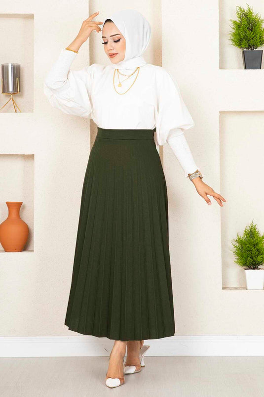 Elastic Waist Pleated Modest Skirt Khaki