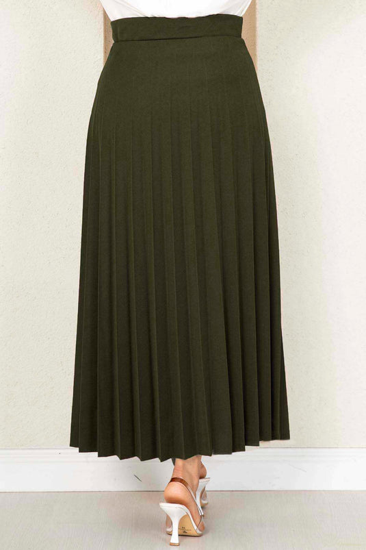 Elastic Waist Pleated Modest Skirt Khaki