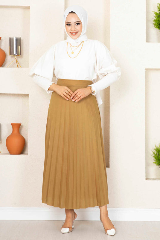 Buy Elastic Pleated Modest Skirt Latte