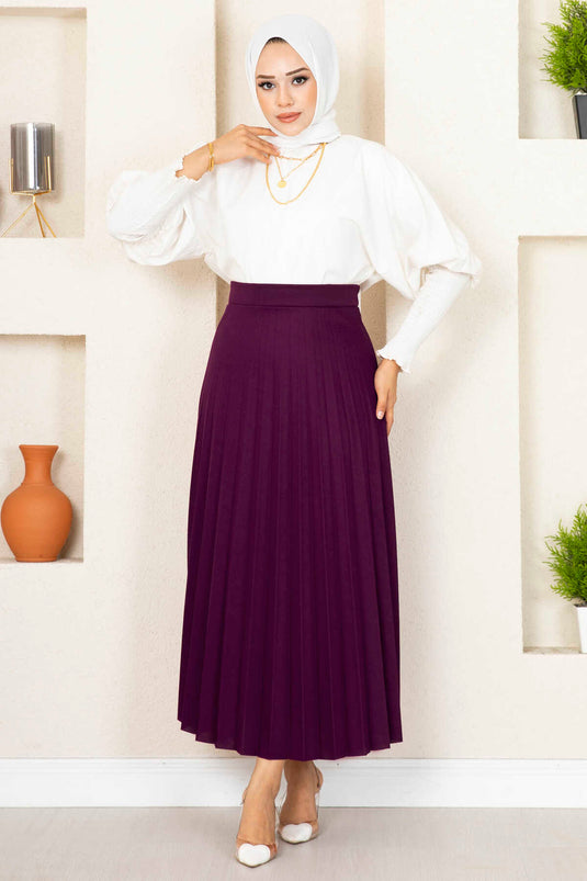 Elastic Waist Pleated Modest Skirt Purple
