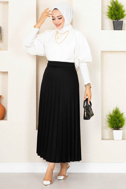 Beli Lastikli Piliseli Tesettür Etek Siyah