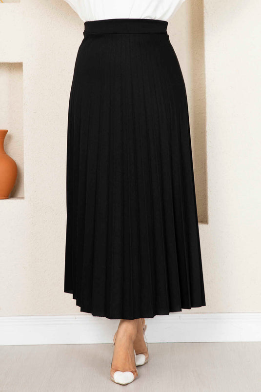 Beli Lastikli Piliseli Tesettür Etek Siyah