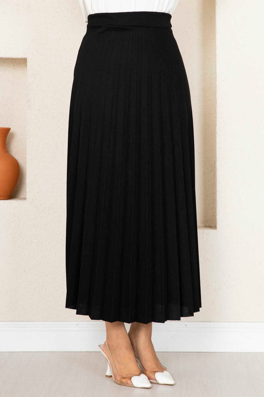 Beli Lastikli Piliseli Tesettür Etek Siyah