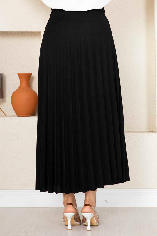 Beli Lastikli Piliseli Tesettür Etek Siyah