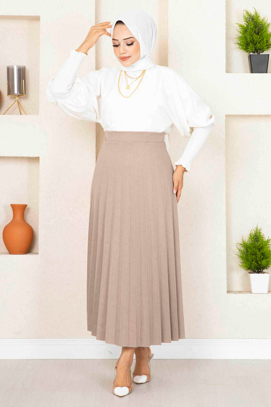 Beli Lastikli Piliseli Tesettür Etek Taş