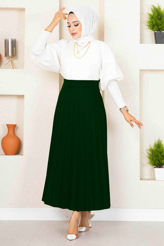 Beli Lastikli Piliseli Tesettür Etek Zümrüt