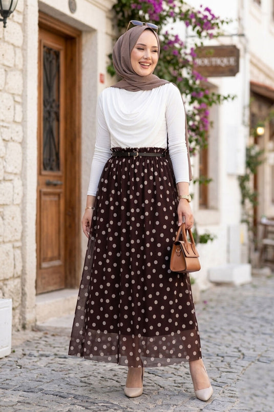 Buy Elastic Polka Dot Chiffon Tulle Summer Skirt Brown