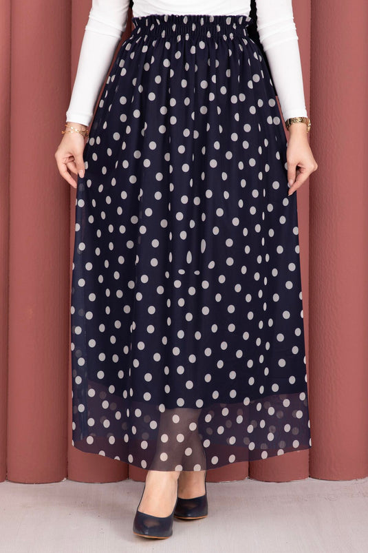 Acheter jupe d'été en tulle chiffon à pois avec élastique bleu marine