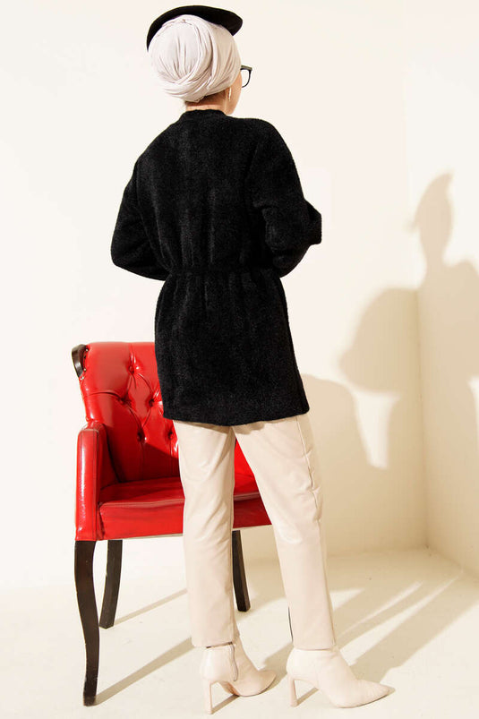 Elastic Waist Soft and Fluffy Cardigan, Black