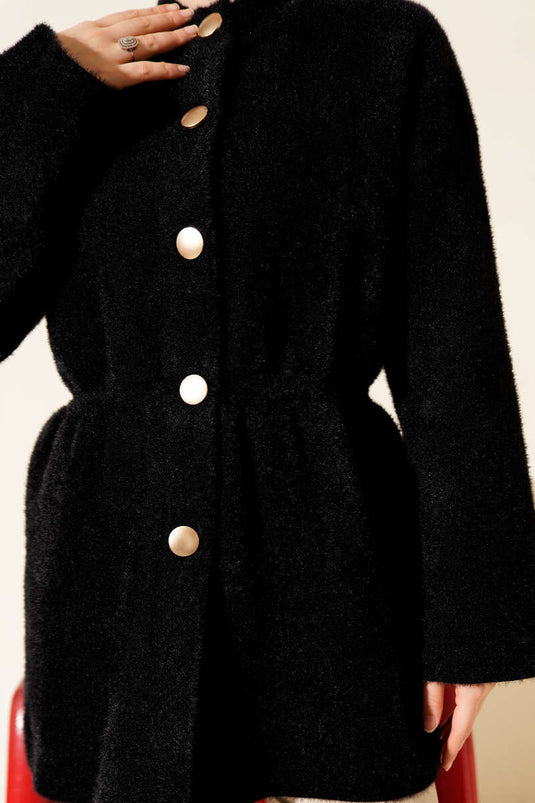 Elastic Waist Soft and Fluffy Cardigan, Black