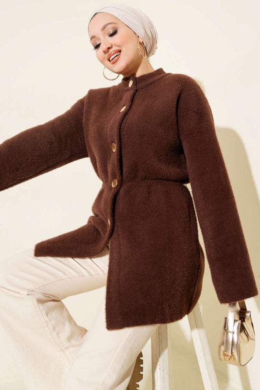 Cardigan doux à capuche avec cordon élastique, couleur café