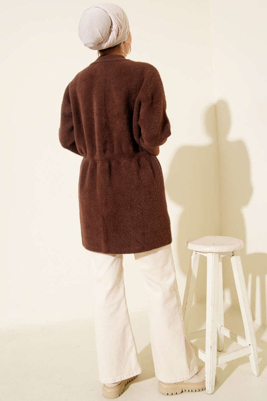 Cardigan doux à capuche avec cordon élastique, couleur café