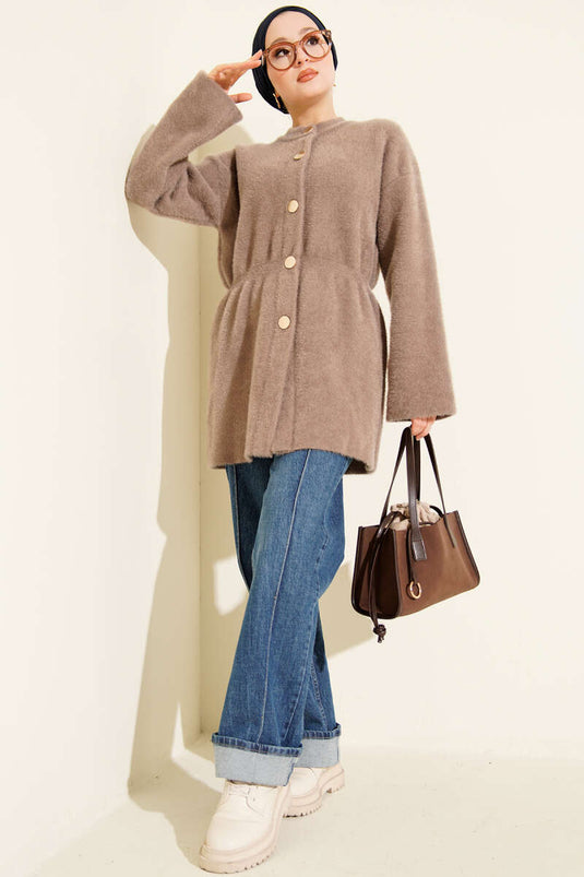 Soft, Fluffy Cardigan with Elastic Waistband and Bearded Design, Milky Coffee Color