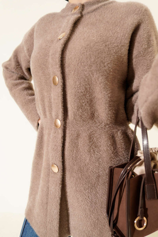 Soft, Fluffy Cardigan with Elastic Waistband and Bearded Design, Milky Coffee Color