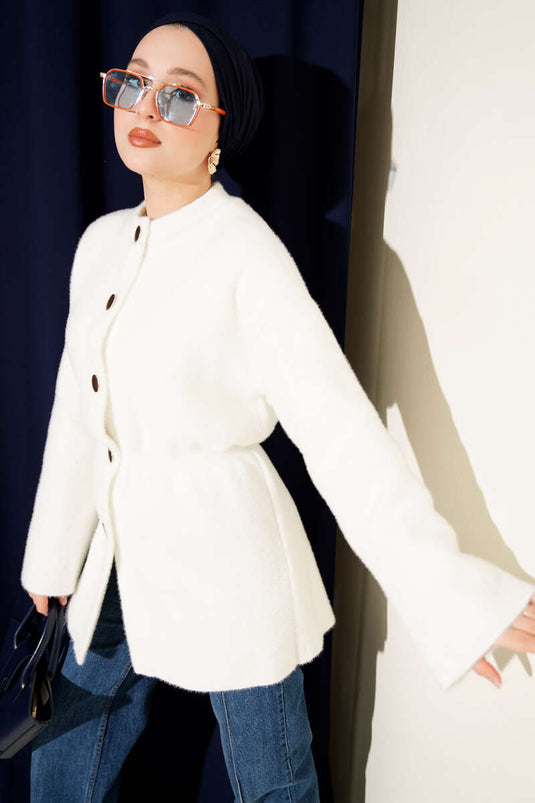 Beli Lastikli Sakallı Yumoş Hırka Ekru