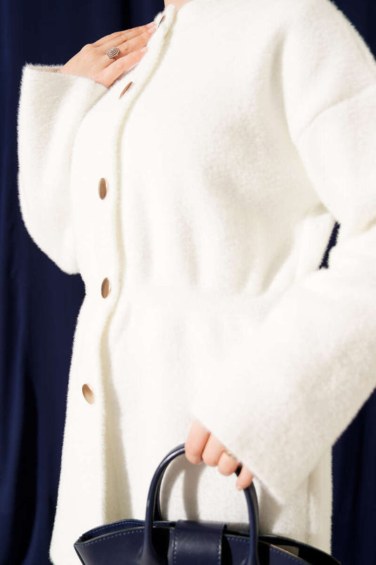 Beli Lastikli Sakallı Yumoş Hırka Ekru