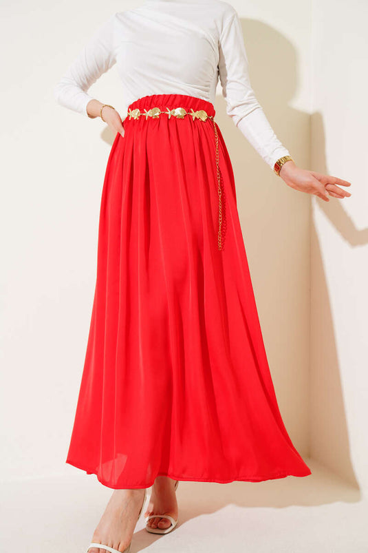 Elastic Waist Satin Flared Skirt Red