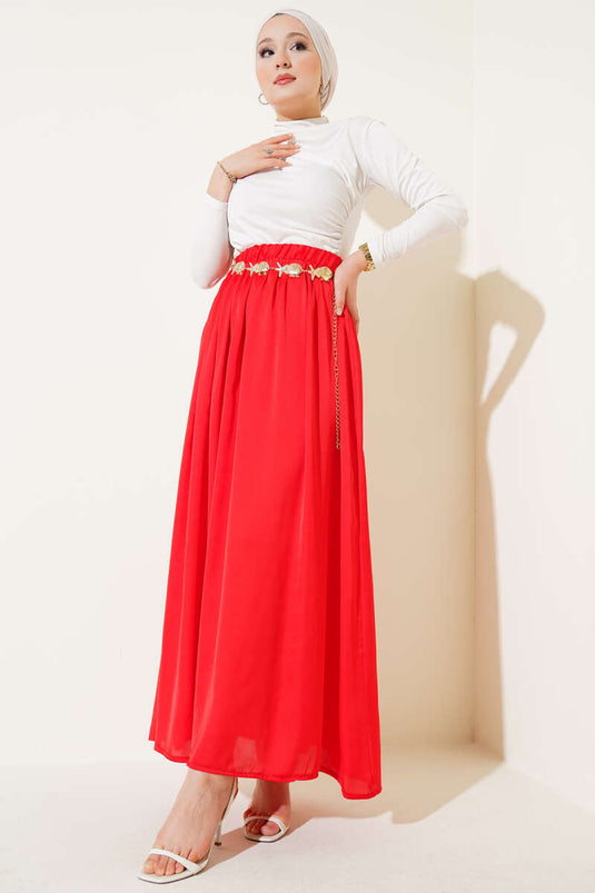 Beli Lastikli Saten Kloş Etek Kırmızı