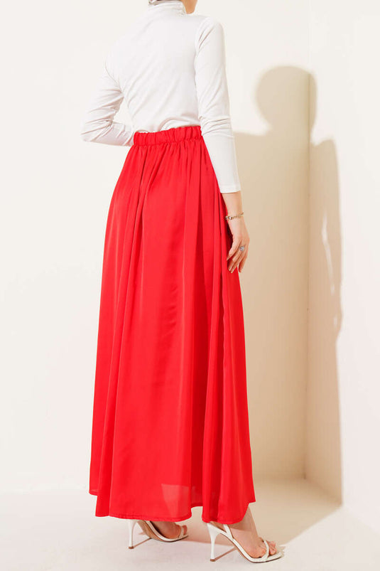 Beli Lastikli Saten Kloş Etek Kırmızı