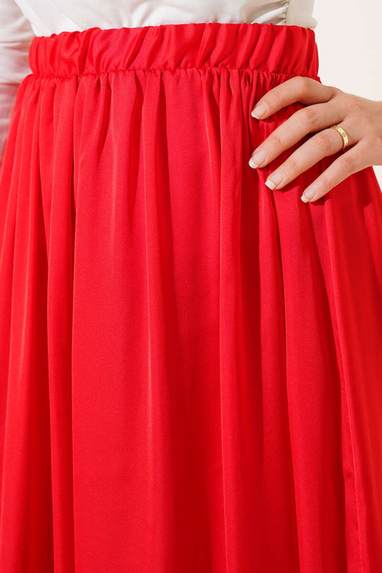 Elastic Waist Satin Flared Skirt Red