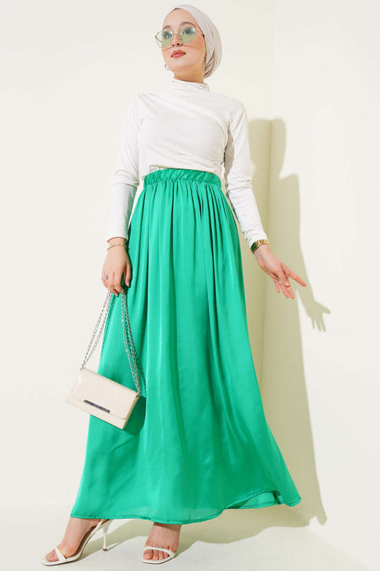 Beli Lastikli Saten Kloş Etek Yeşil