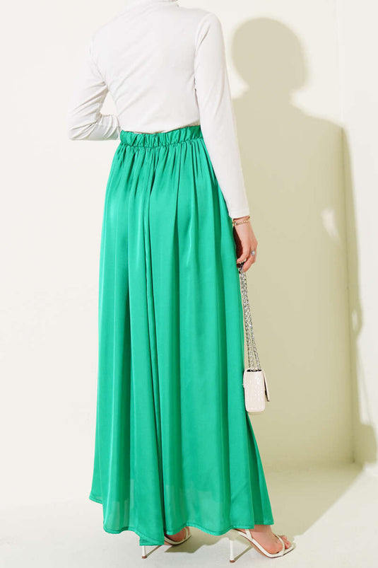 Beli Lastikli Saten Kloş Etek Yeşil