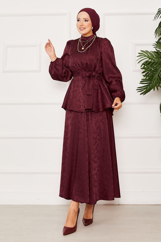 Jacquard Two-Piece Suit with Elastic Waist and Removable Belt, Burgundy