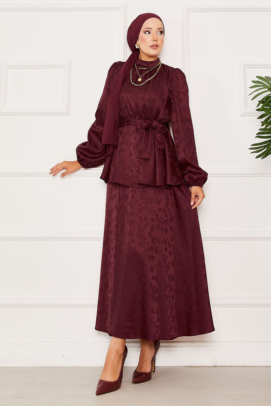 Jacquard Two-Piece Suit with Elastic Waist and Removable Belt, Burgundy