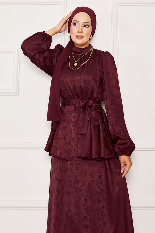 Jacquard Two-Piece Suit with Elastic Waist and Removable Belt, Burgundy