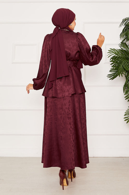 Jacquard Two-Piece Suit with Elastic Waist and Removable Belt, Burgundy
