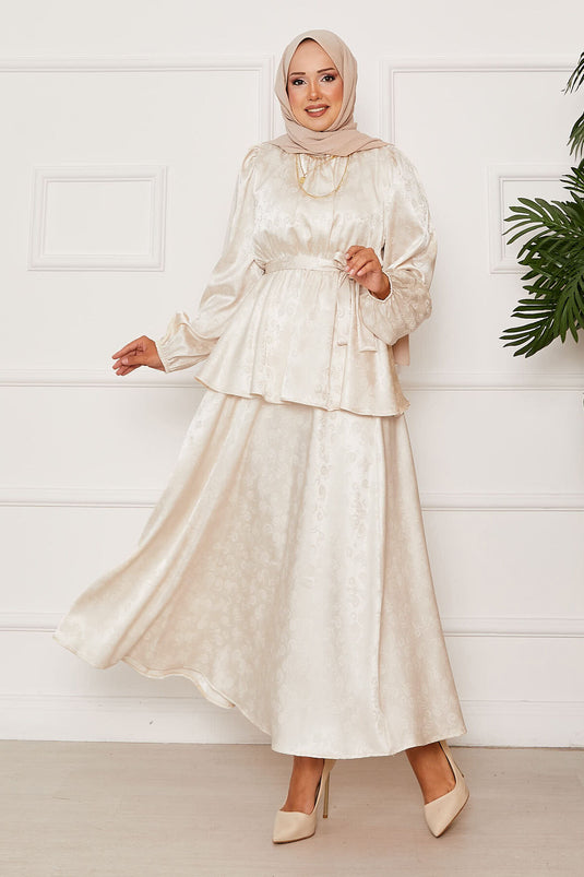 Jacquard Two Piece Suit with Elastic Waist and Removable Belt, Cream