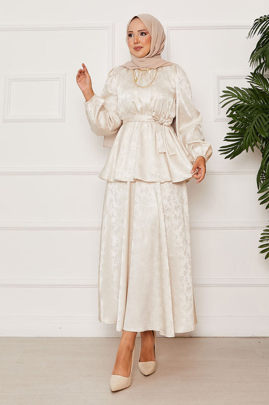 Jacquard Two Piece Suit with Elastic Waist and Removable Belt, Cream