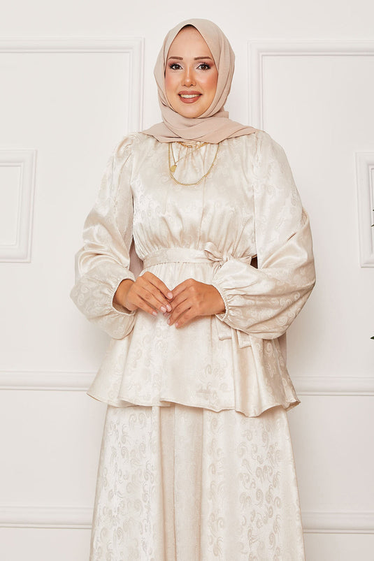 Jacquard Two Piece Suit with Elastic Waist and Removable Belt, Cream