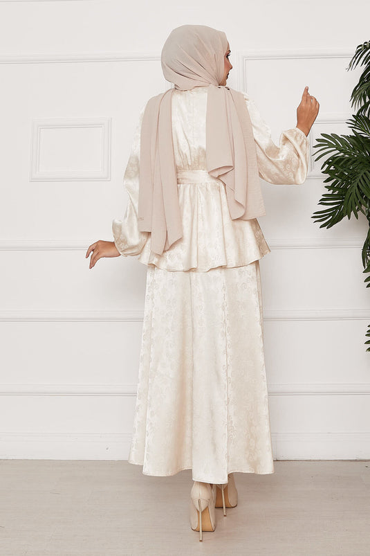 Jacquard Two Piece Suit with Elastic Waist and Removable Belt, Cream