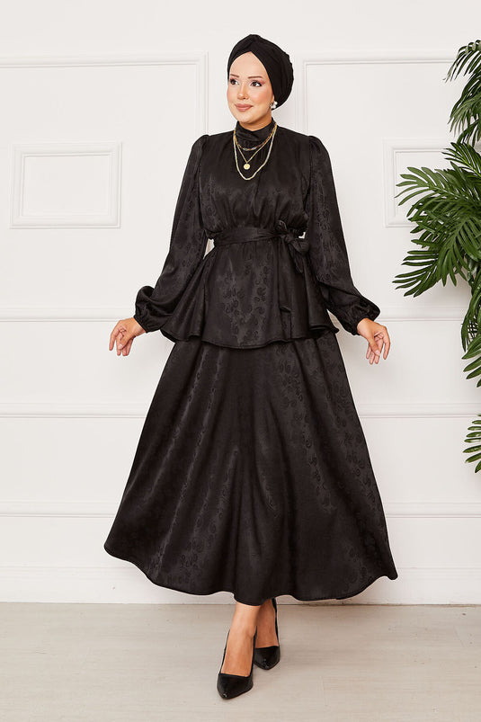 Elastic Waist Removable Belted Jacquard Two Piece Suit Black