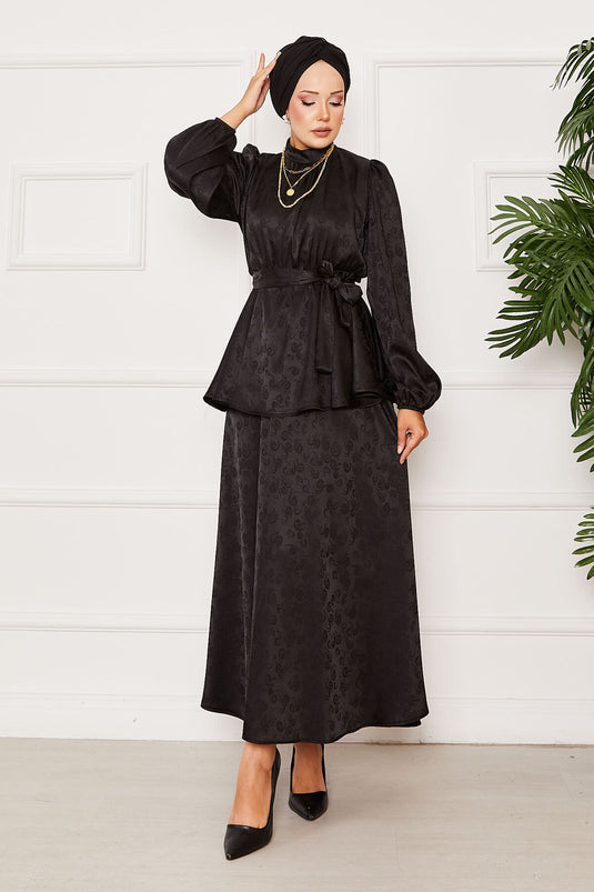 Elastic Waist Removable Belted Jacquard Two Piece Suit Black