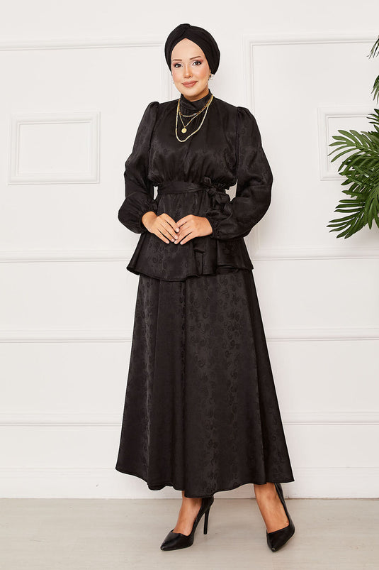 Elastic Waist Removable Belted Jacquard Two Piece Suit Black