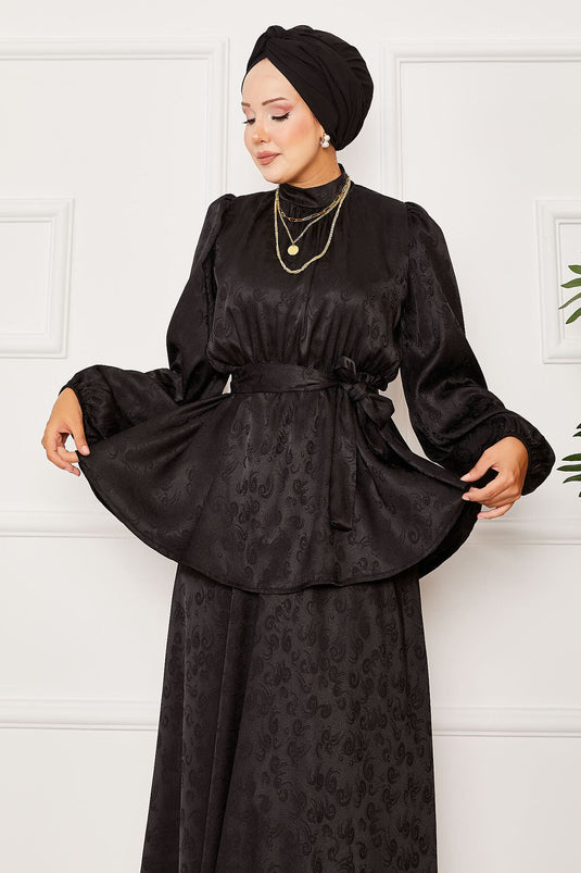 Elastic Waist Removable Belted Jacquard Two Piece Suit Black