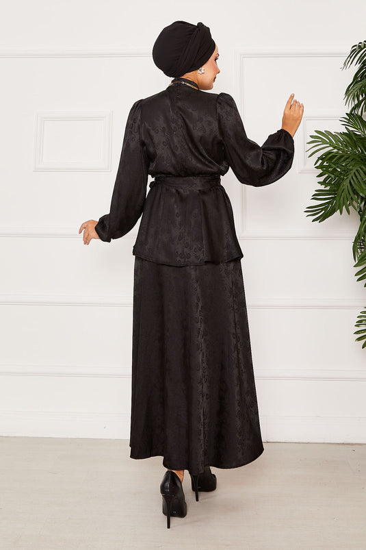 Elastic Waist Removable Belted Jacquard Two Piece Suit Black