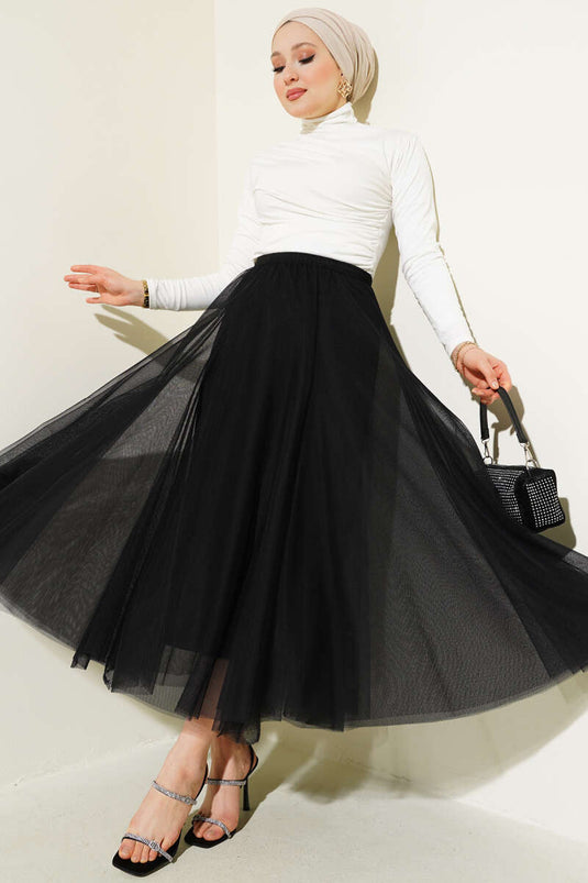 Elastic Waist Black Tulle Skirt