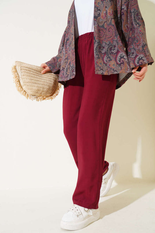 Elastic Waist Tencel Trousers Burgundy
