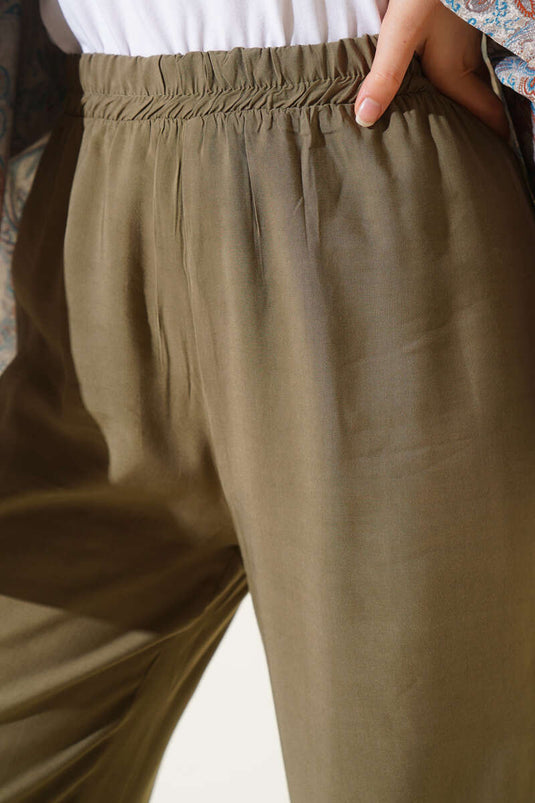 Elastic Waist Tencel Trousers, Almond Green