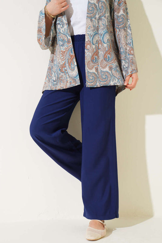 Elastic Waist Tencel Trousers Navy Blue