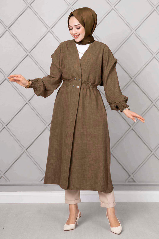 Lange Modest Jas Met Elastische Taille Tabak
