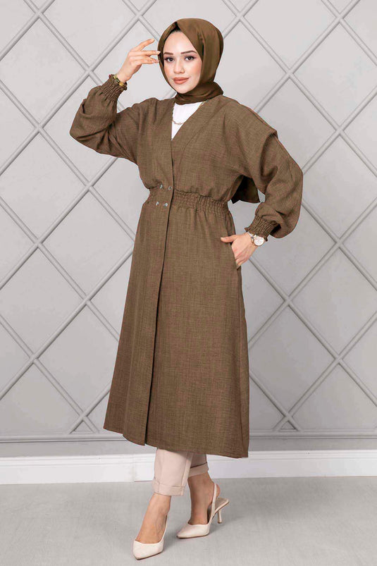 Lange Modest Jas Met Elastische Taille Tabak